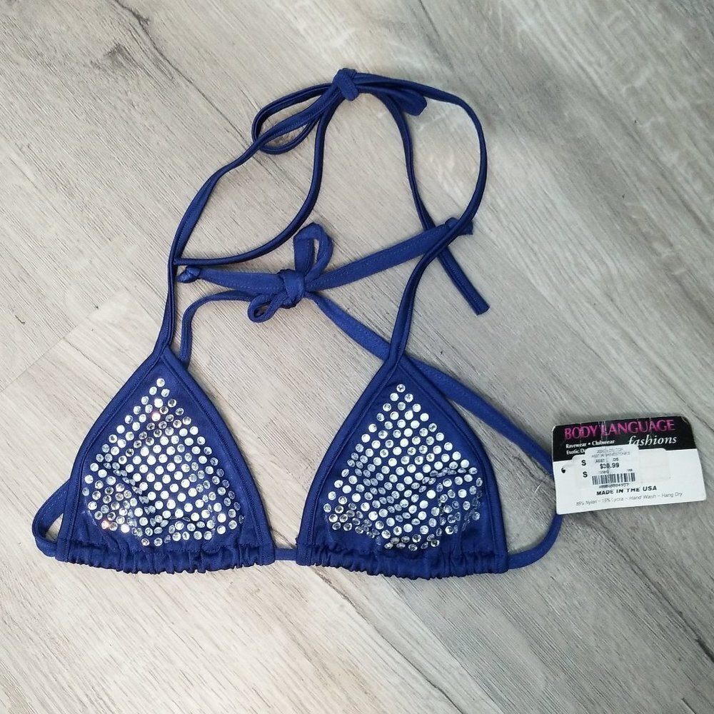 Blue String Bikini Top Exotic DanceWear Rhinestone